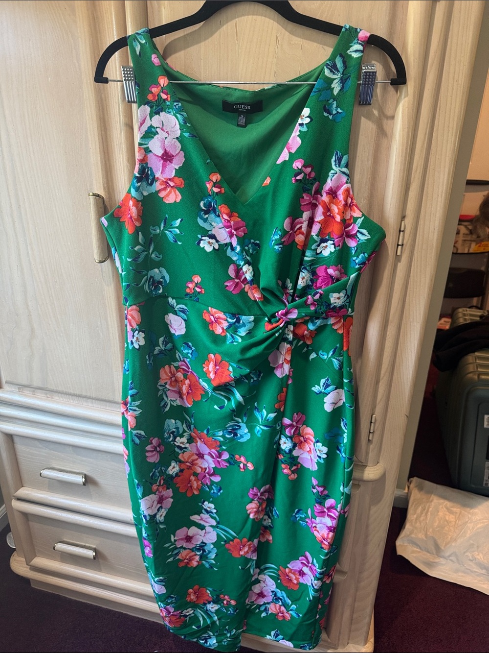 Guess Green Floral Wrap-Style Sheath Dress with Pink & Coral Blooms